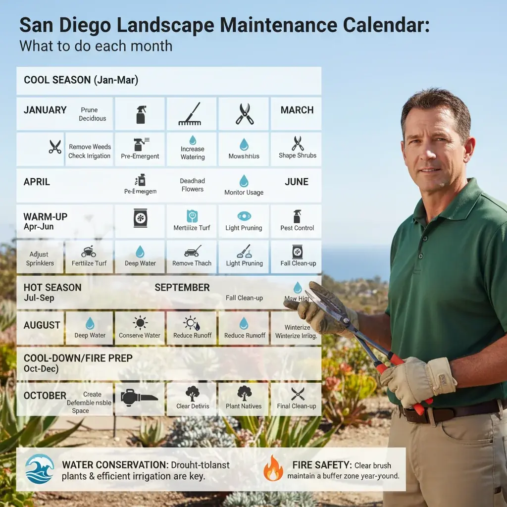 Editorial 12-month calendar infographic showing San Diego landscape tasks color-coded by season, with specific monthly tasks listed for San Diego's unique climate.