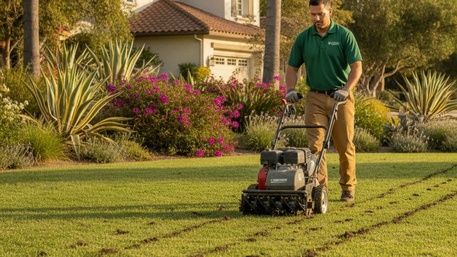 Close-up of core aeration plugs pulled from a San Diego lawn