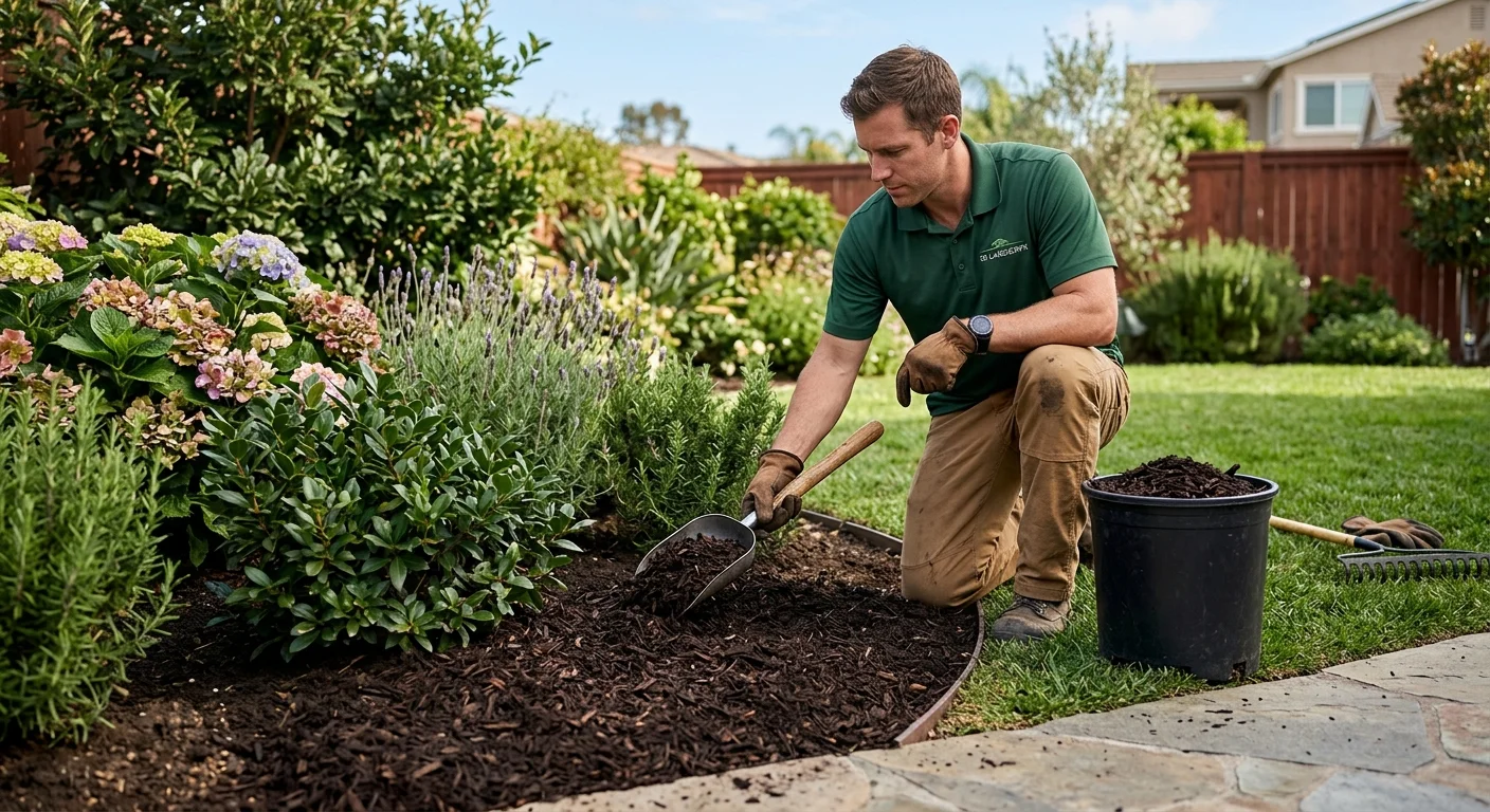 Prepared San Diego planting bed receiving fresh mulch around shrubs