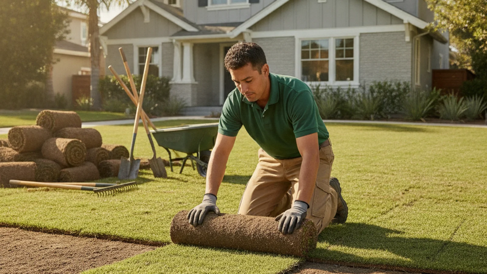 An independent landscaping contractor fitting fresh sod across a prepared San Diego residential yard