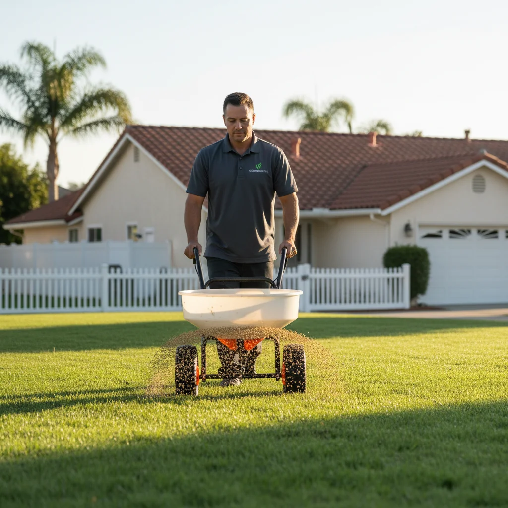 Landscaper in a branded shirt using a broadcast spreader to apply pre-emergent granules on a San Diego fescue lawn in morning light