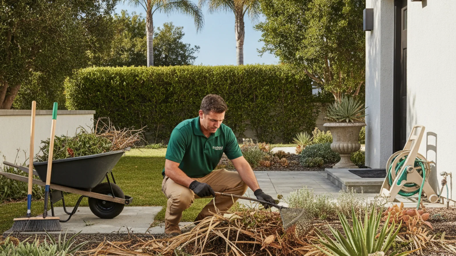 A San Diego side yard mid-cleanup with trimmed branches stacked and beds cleared of debris