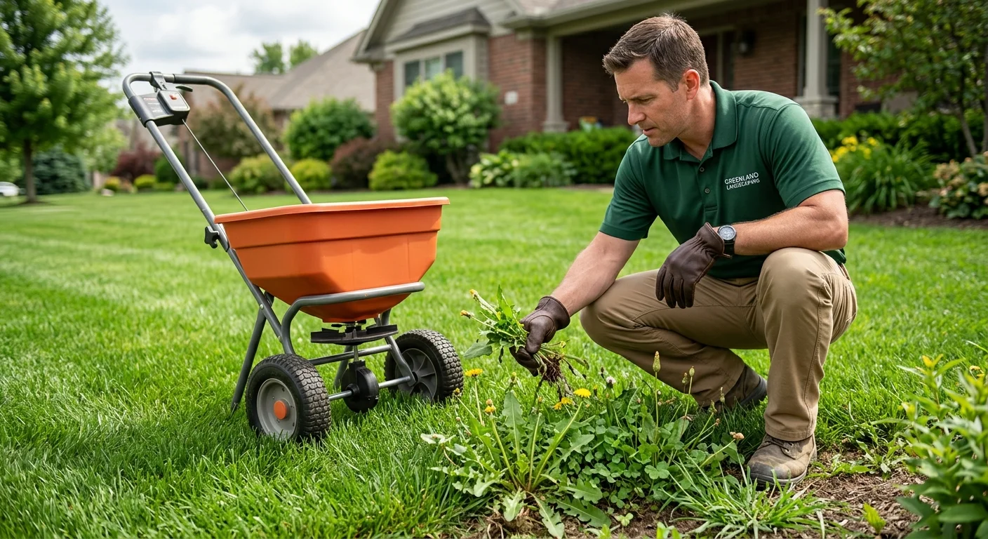 A homeowner inspecting lawn weeds beside an unbranded treatment spreader