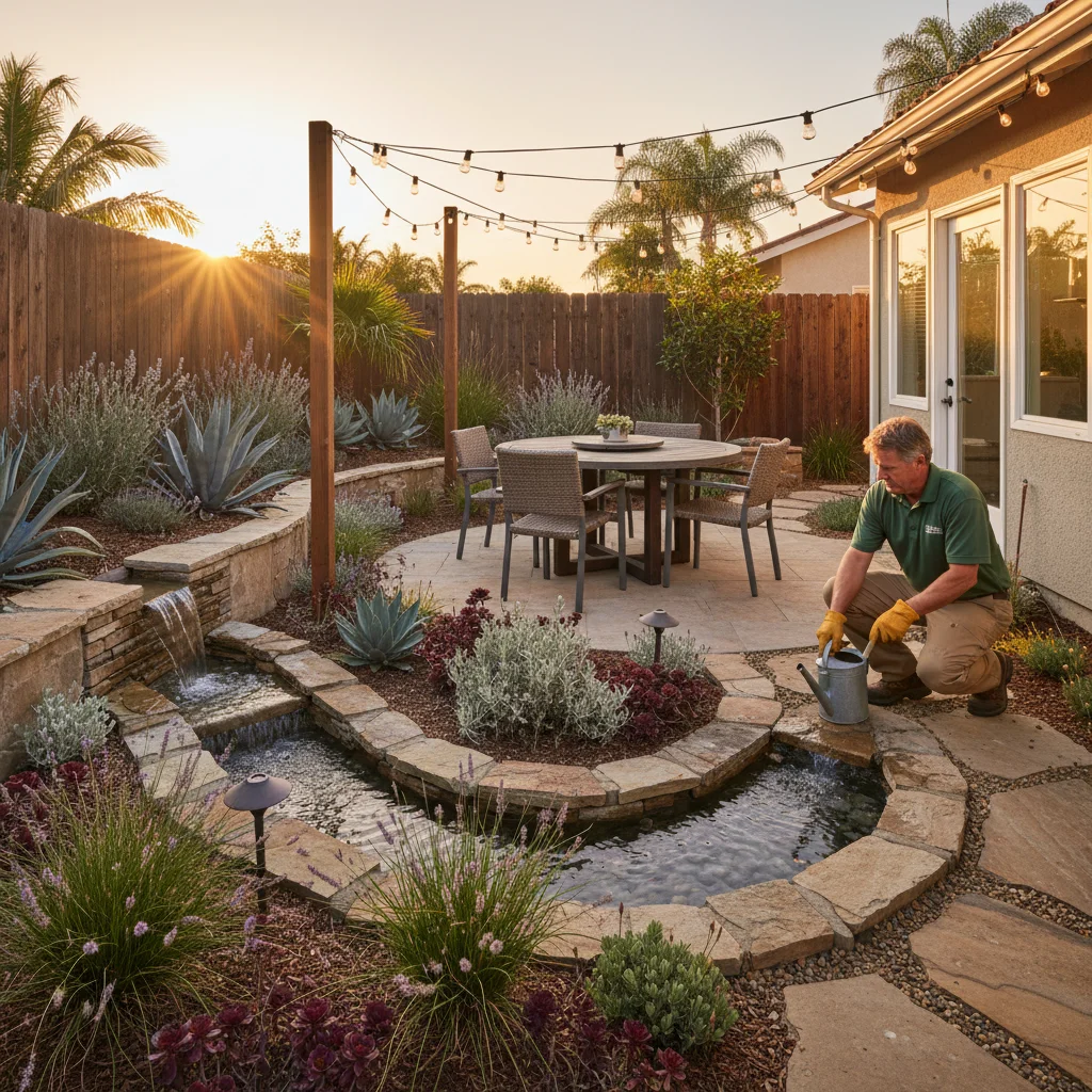 Compact San Diego backyard with a dining patio and layered drought-tolerant plants.