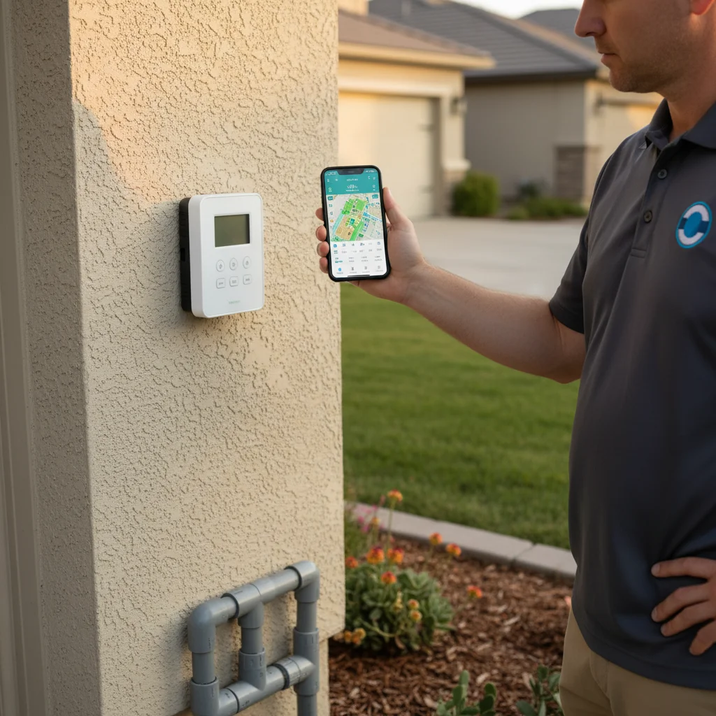 Smart irrigation controller mounted on a garage wall next to a smartphone showing the irrigation app