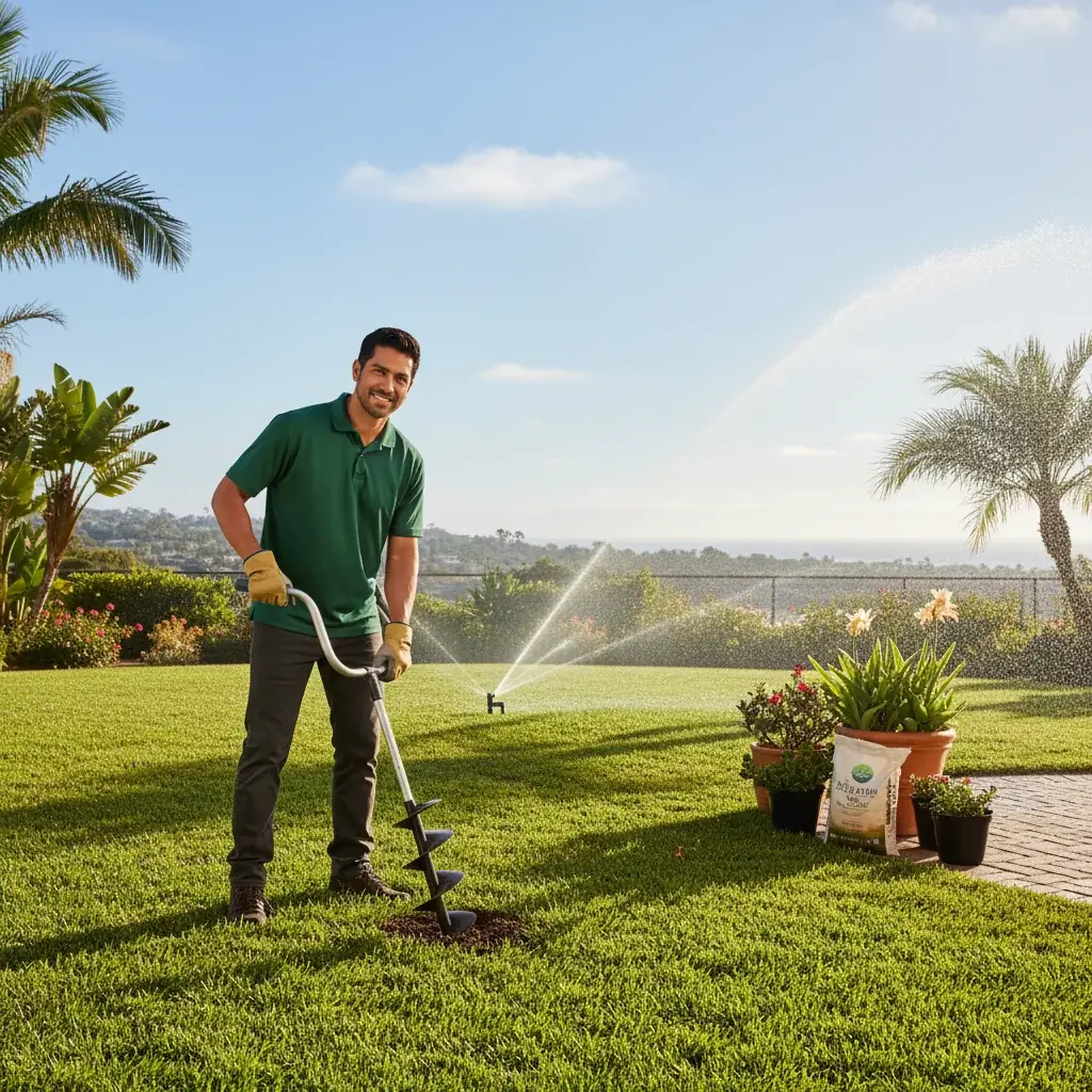 A landscaper aerating a green front lawn on a Solana Beach property with an ocean view and palm trees in the background.