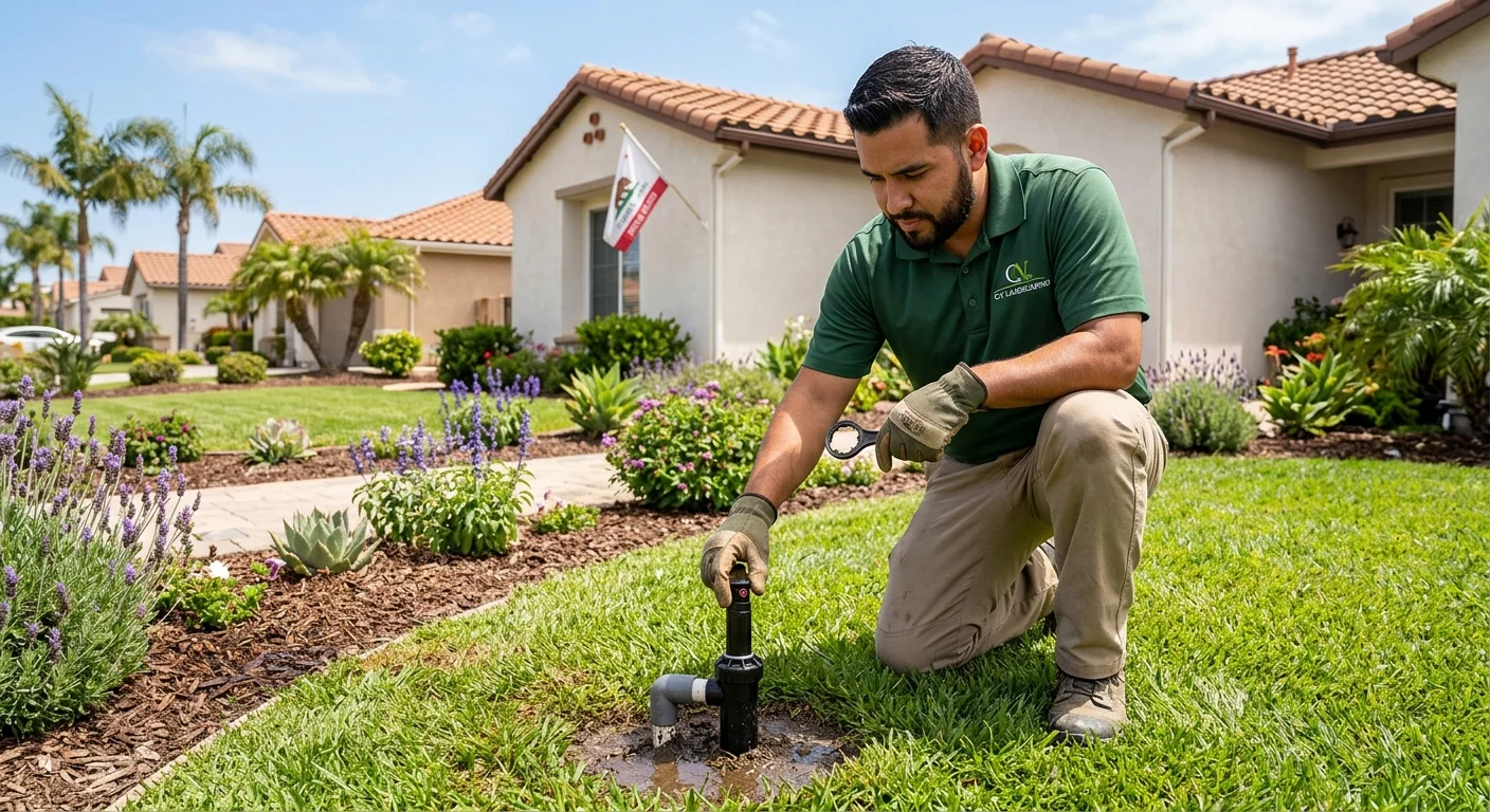 A technician adjusting a pop-up sprinkler head in a tidy Chula Vista front yard 