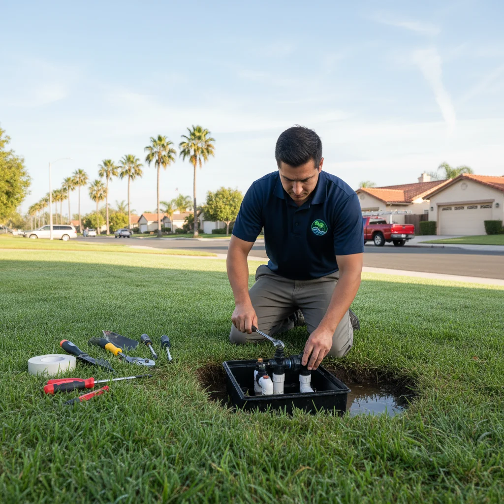 A landscaper in branded shirt kneeling in a San Diego front lawn diagnosing a sprinkler valve box, tools laid out, clear morning light, residential street in background.