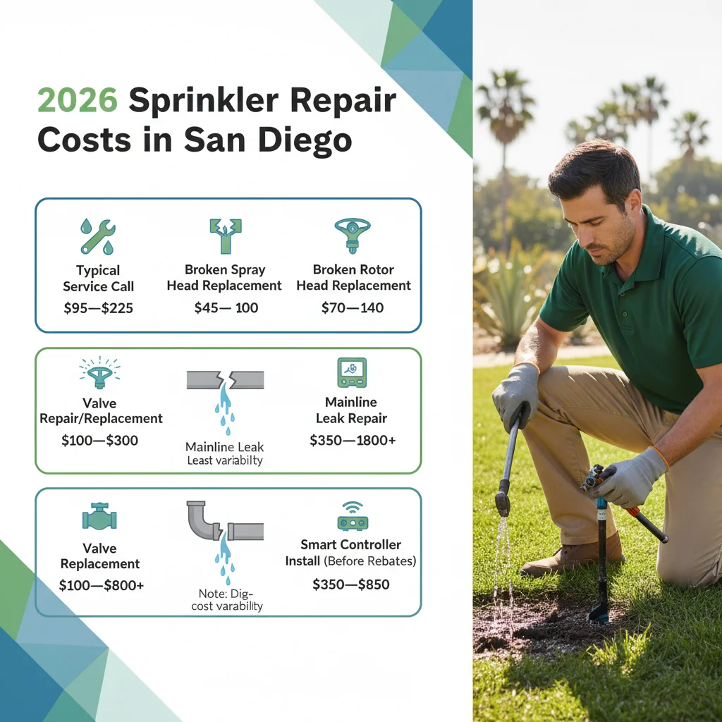 Infographic detailing typical 2026 sprinkler repair costs in San Diego for service calls, broken heads, valve repair, mainline leaks, and smart controller installation.