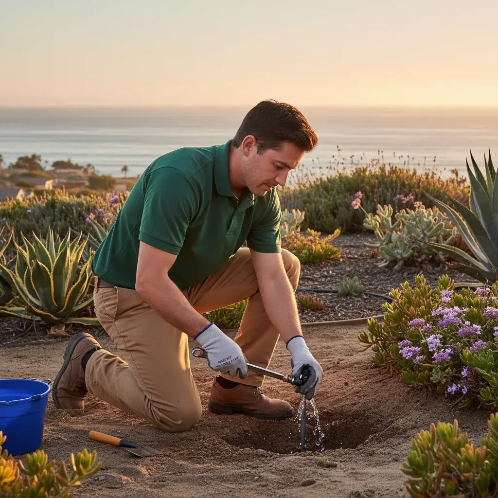 A landscaper in a navy work shirt kneeling in an Encinitas front yard, replacing a sprinkler head.