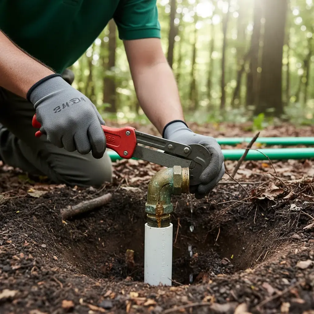 A landscaper's hands cutting a corroded brass sprinkler valve with a pipe cutter.