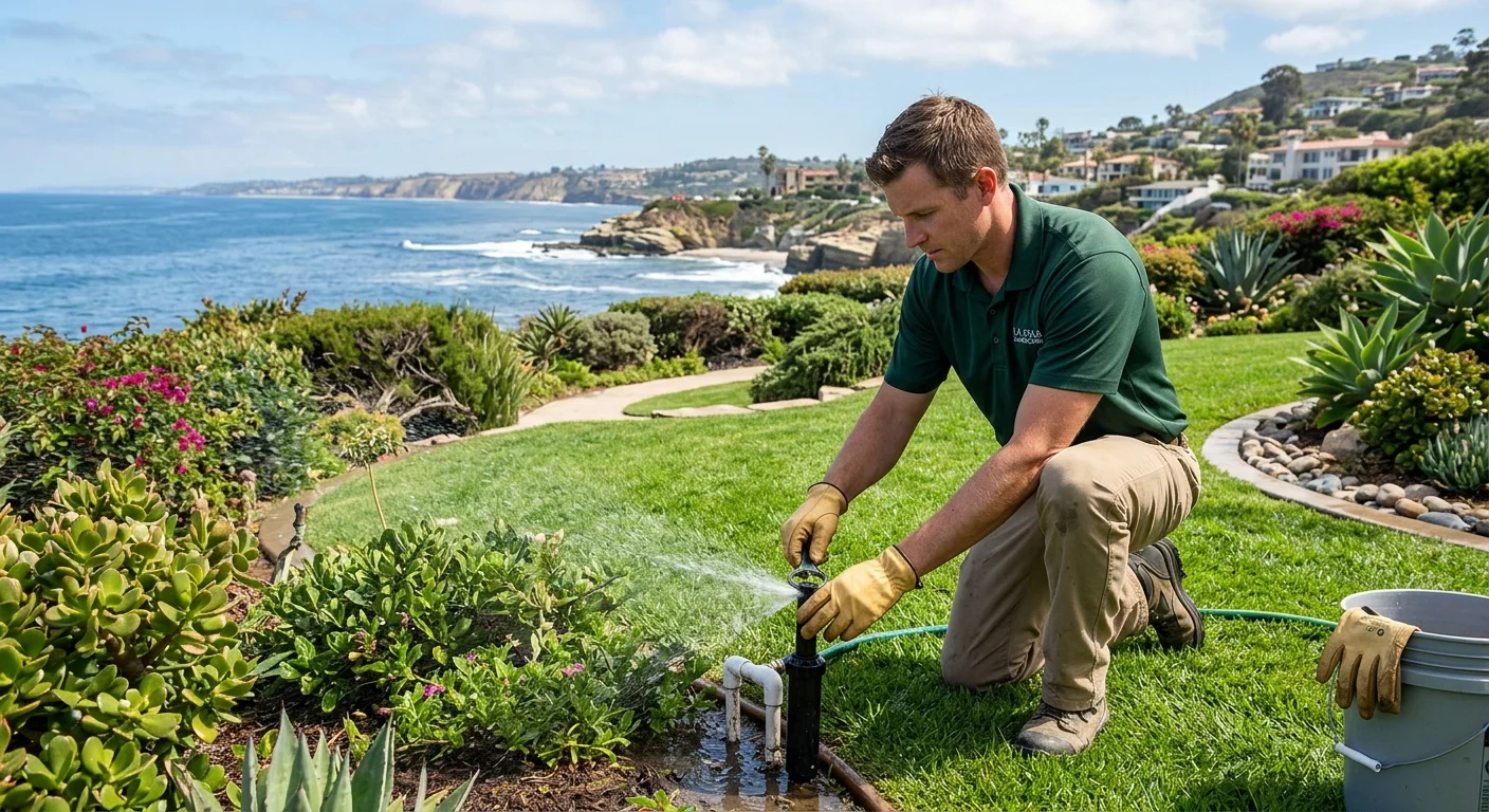 A clean, professional landscaper examining a sprinkler on a lush lawn with a view of the La Jolla coastline in the background.