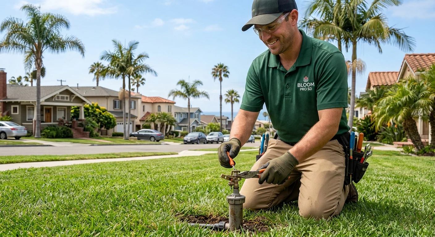 A friendly Bloom Pro SD technician inspecting a sprinkler head on a lawn in an Oceanside residential neighborhood, with palm trees in the background.