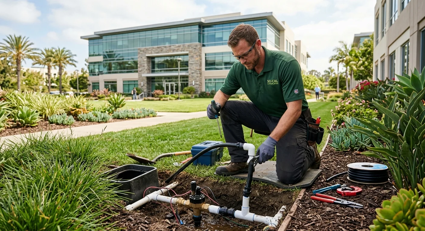A professional technician working on a sprinkler system in the well-manicured landscape of a modern Sorrento Valley office building.