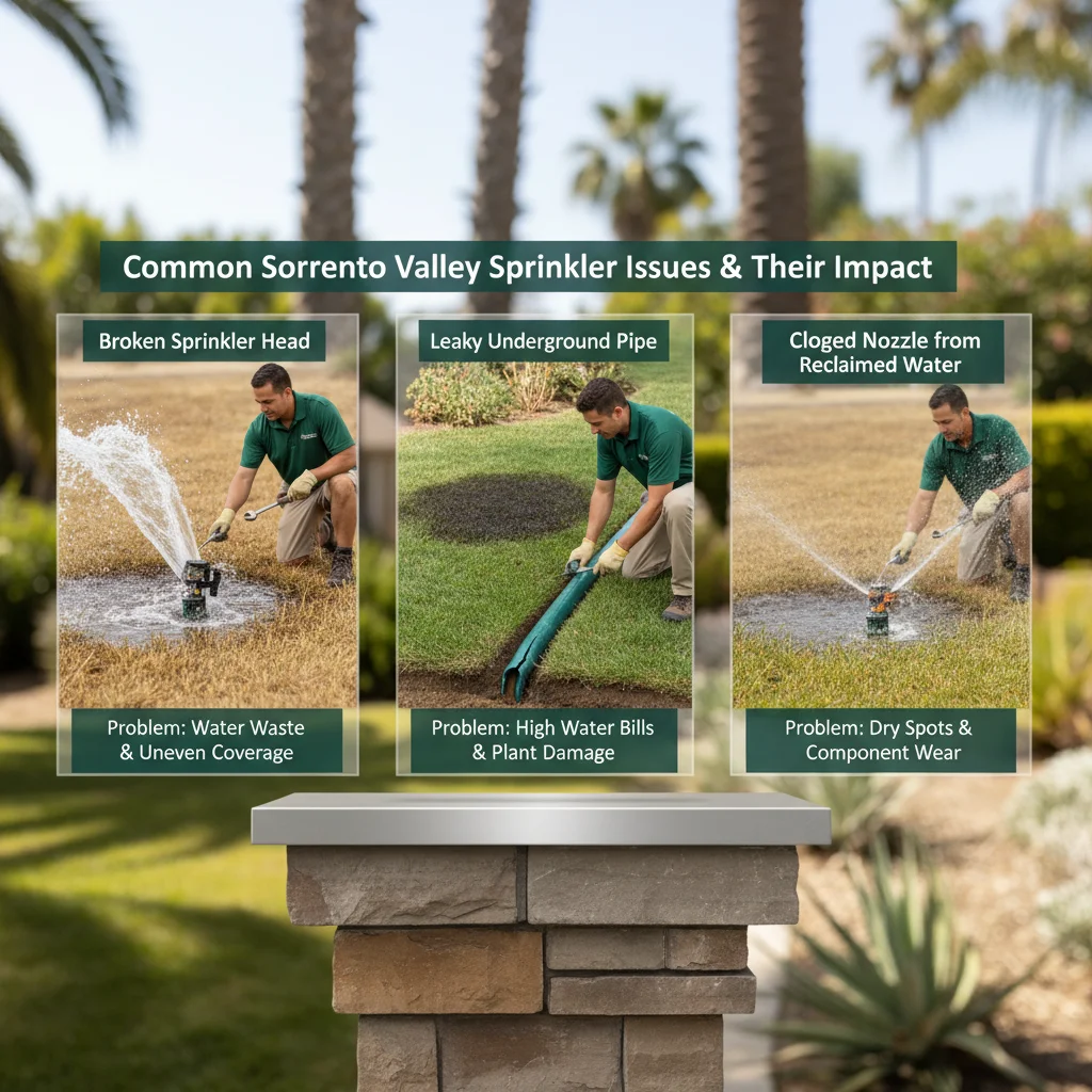 Infographic illustrating common sprinkler repair issues, their causes, and impact on water efficiency.