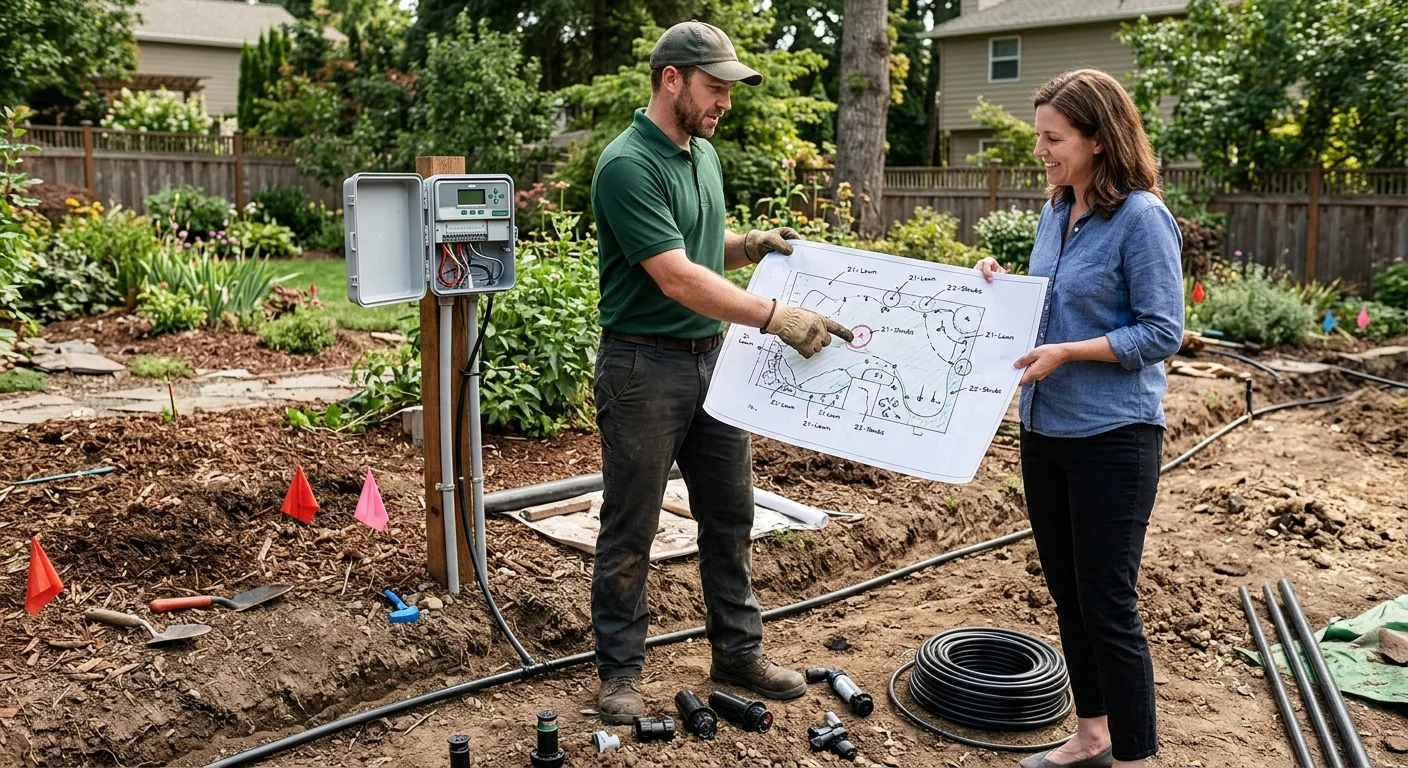 Irrigation contractor reviewing a marked yard plan with a homeowner
