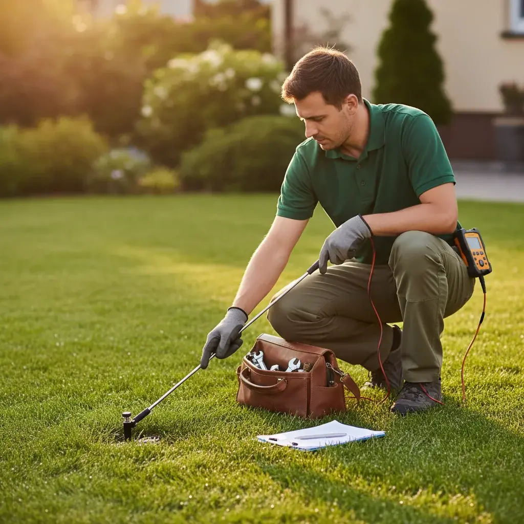 A landscaper using an electronic leak detector wand on a green lawn, clipboard and tool bag nearby