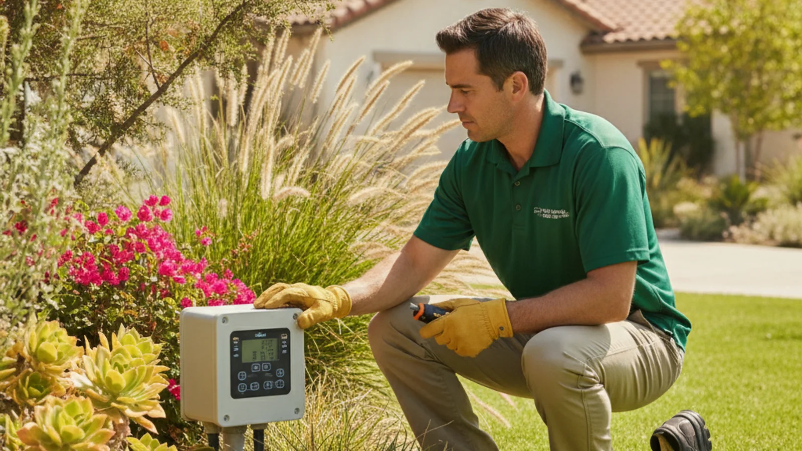 A sprinkler controller display showing an unexpected cycle time while sprinklers run on the lawn outside.