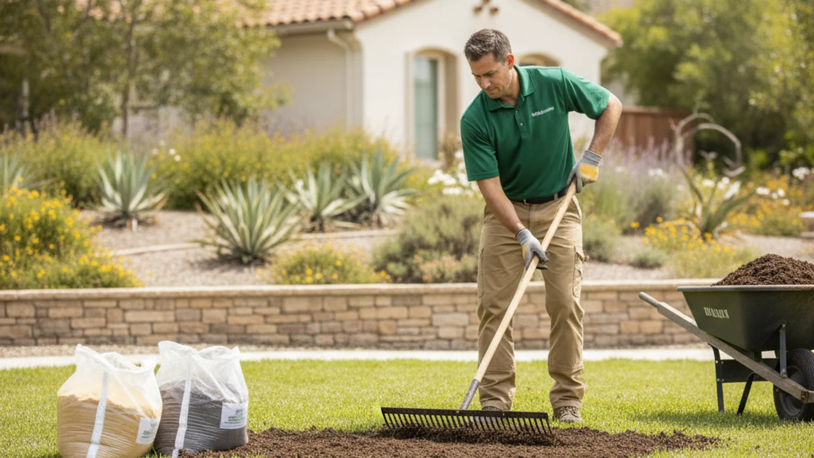 Three labeled piles of compost, sand, and screened soil beside a lawn