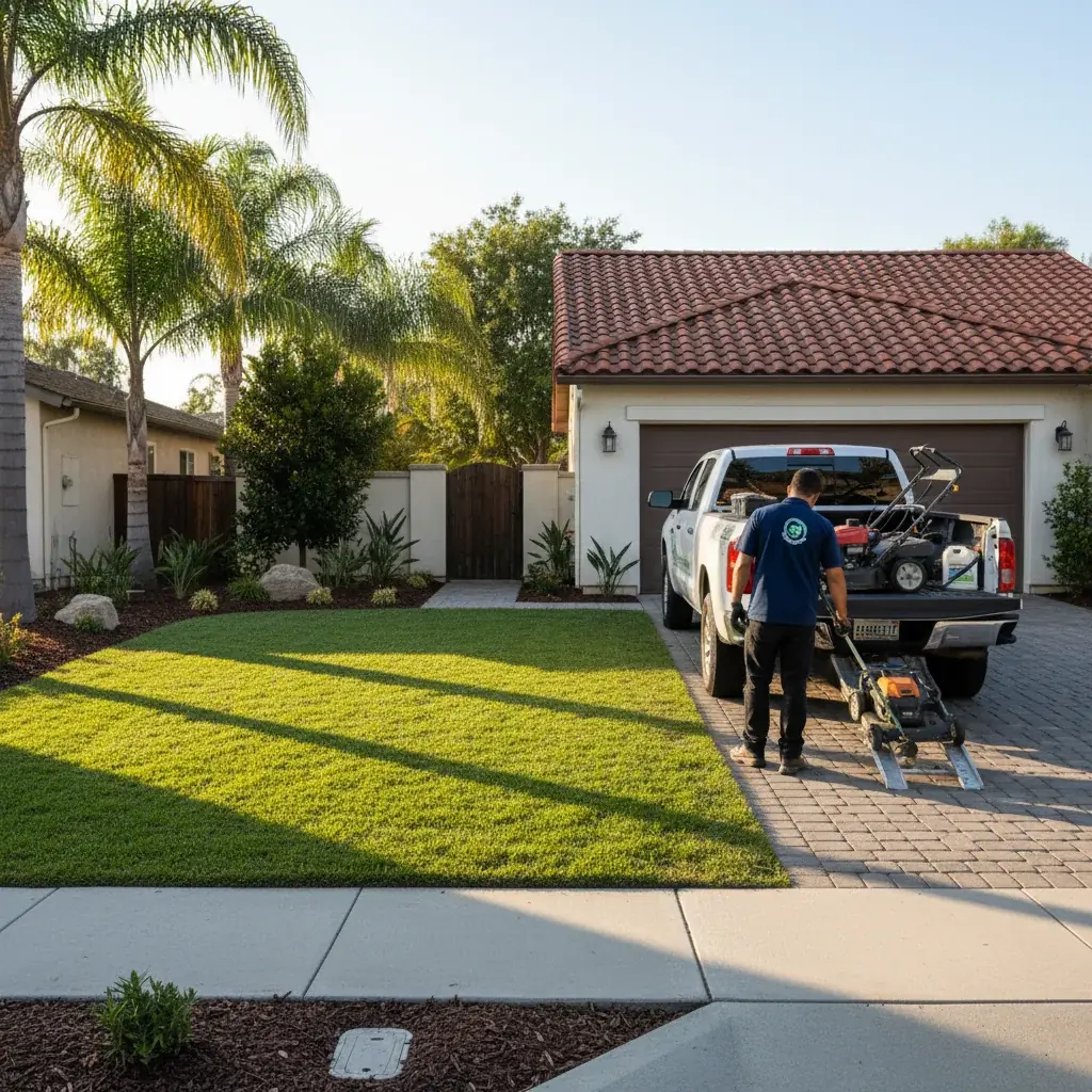 Freshly mowed San Diego front lawn with crisp edge lines and a landscaper loading equipment into a branded truck