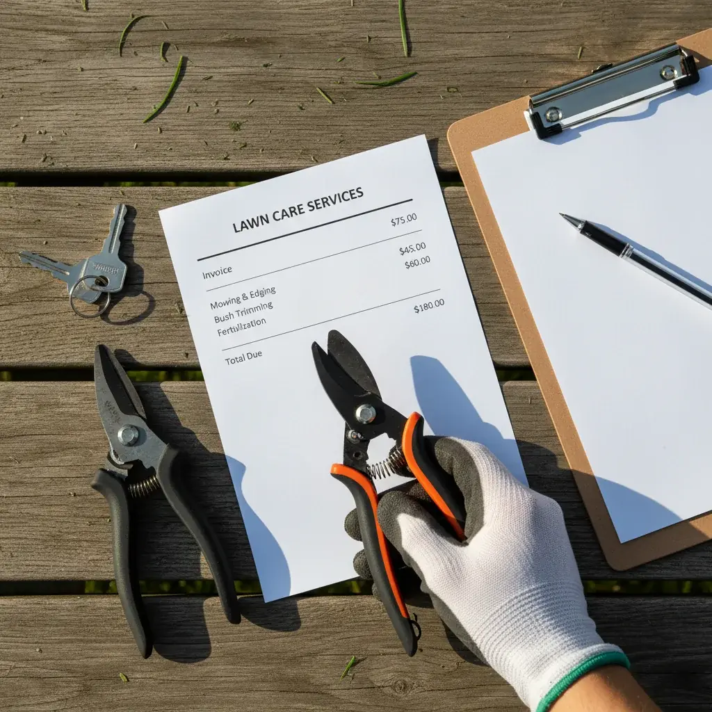 Top-down flat lay of a lawn maintenance invoice with line items, mower keys, pruners, and a clipboard