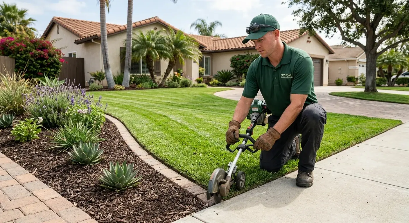A maintained San Diego lawn with clean edges and tidy planting beds