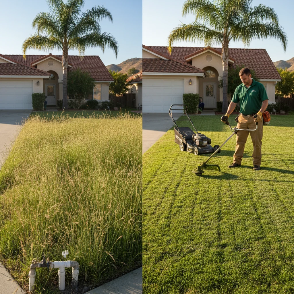 A San Diego yard with slightly long grass on one side and perfectly mowed grass on the other.