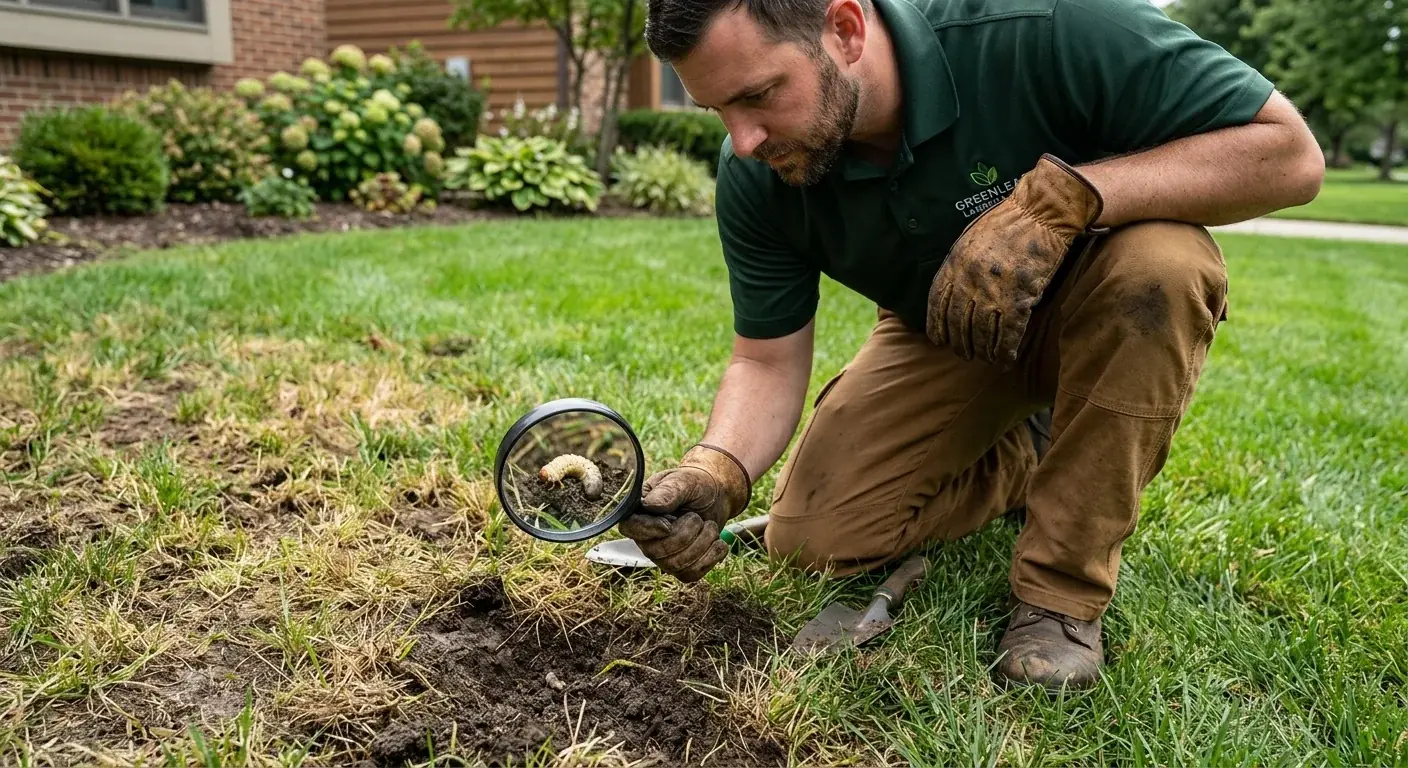A magnifying glass held over a patch of damaged grass, showing a grub or other lawn pest clearly.