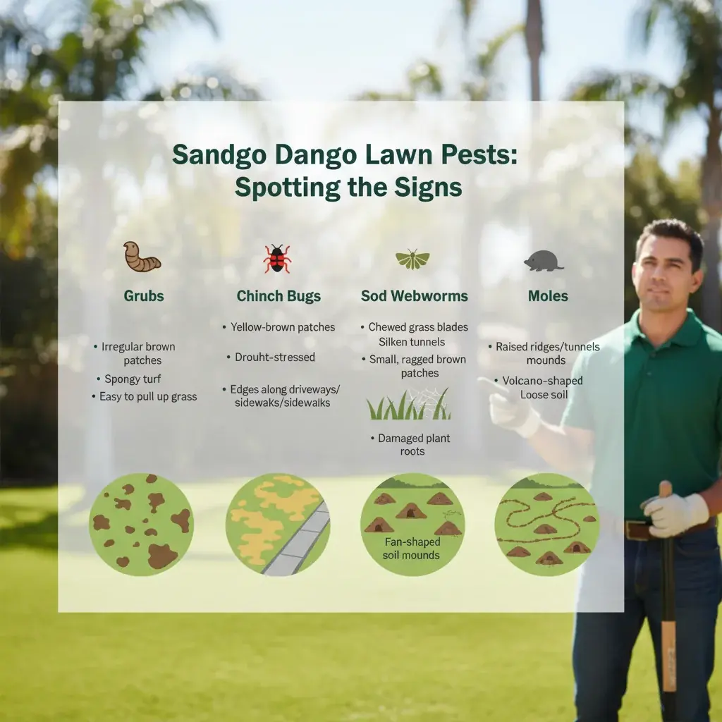 Infographic showing common San Diego lawn pests: grubs, chinch bugs, sod webworms, gophers, and moles, with their identifying damage signs and key characteristics.