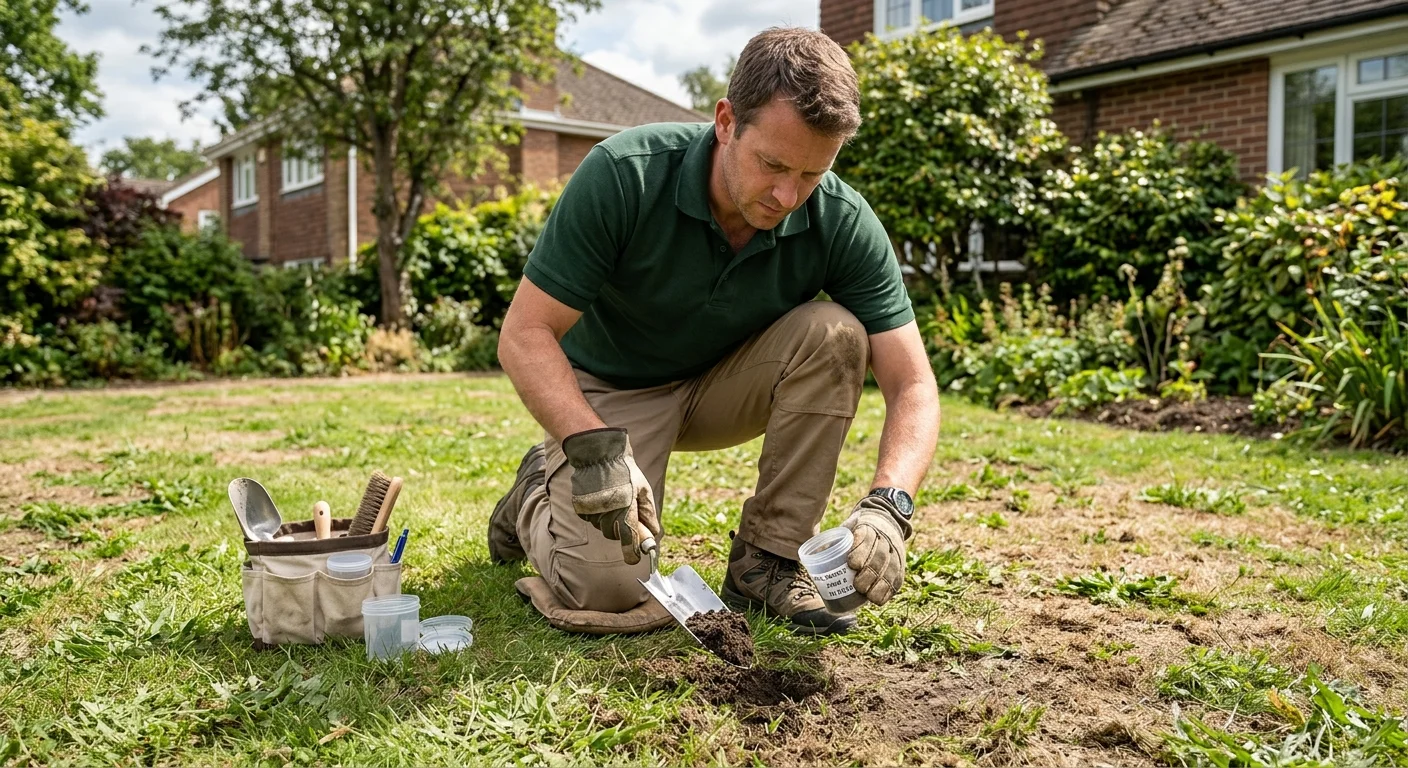 A homeowner collecting soil samples from a patchy lawn