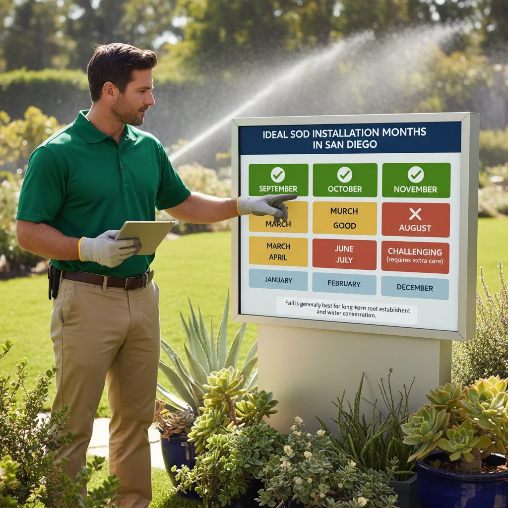 A calendar graphic with checkmarks on September and October, highlighting them as the ideal months for sod installation.
