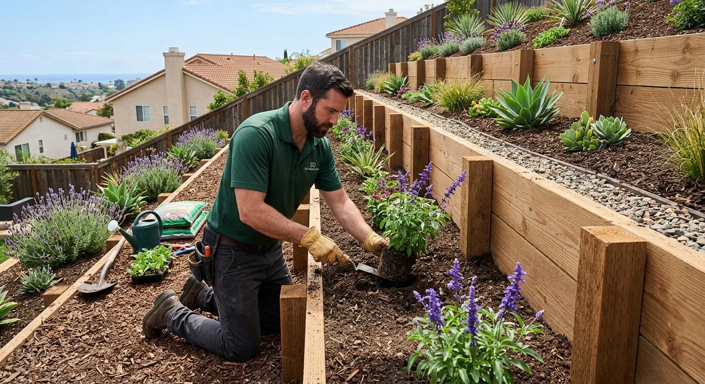A newly constructed wood retaining wall terracing a sloped backyard in a San Diego home, with landscaping planted on the tiers.