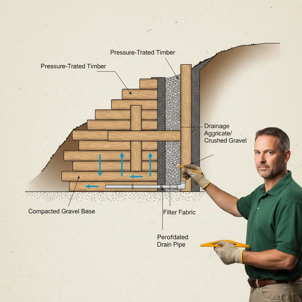A close-up showing the detail of a properly installed 'deadman' anchor for a wood retaining wall, highlighting structural components.