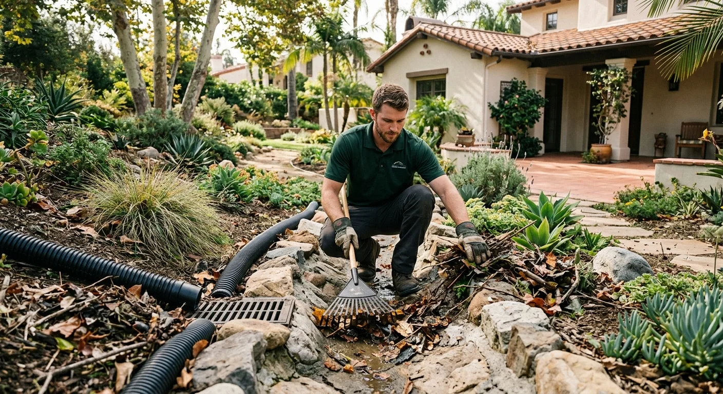 Leaves and branches being cleared from a San Diego yard