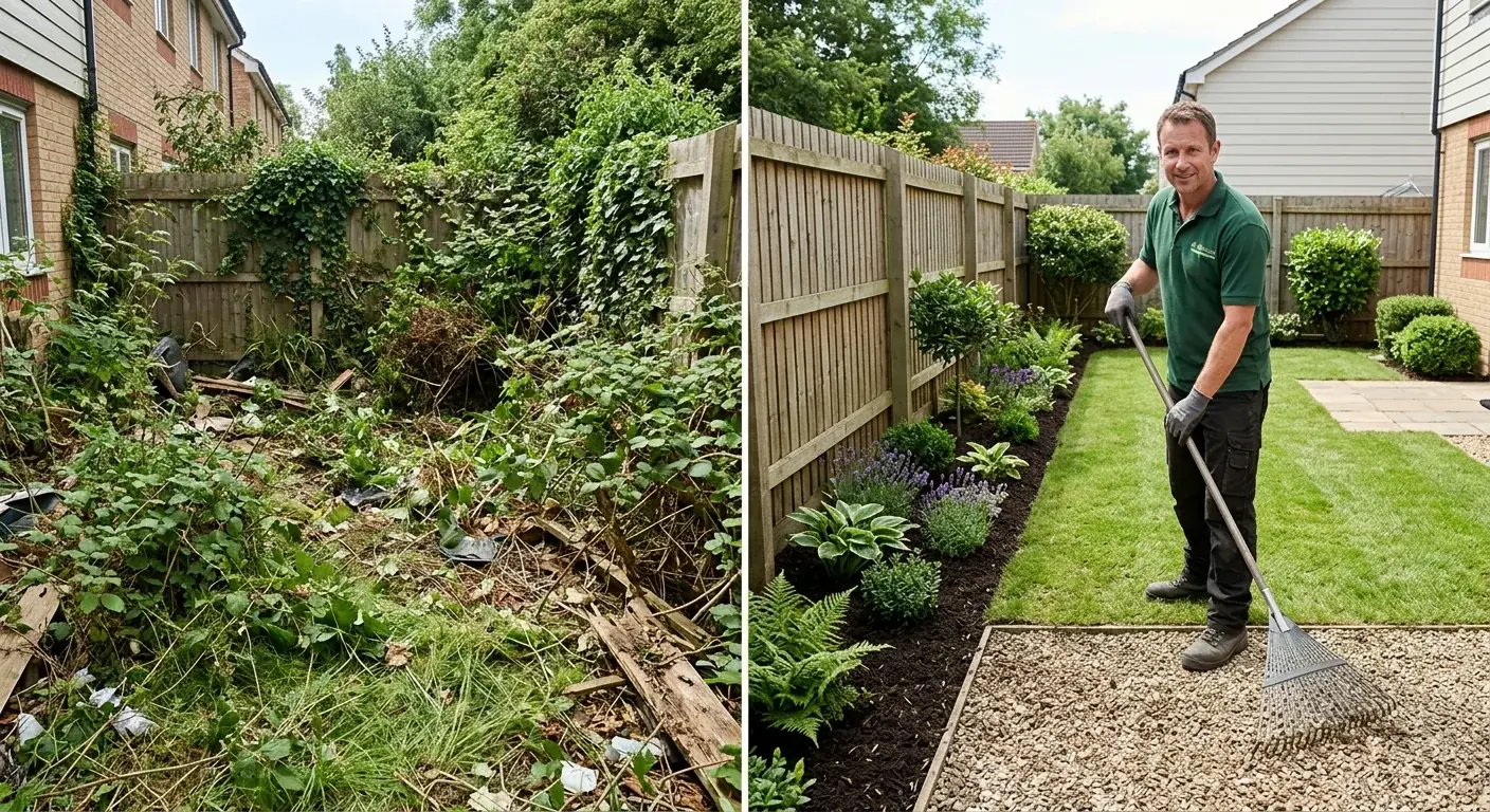 A split before-and-after photo of a messy, overgrown backyard on the left and the same yard looking clean and tidy on the right.