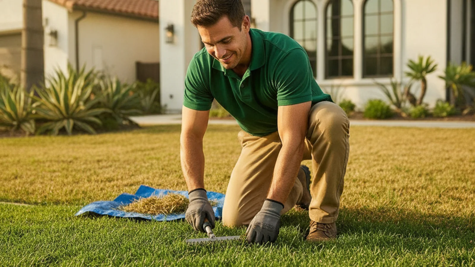 Dense, emerald-green zoysia grass lawn in a San Diego backyard with a concrete patio edge and a mature tree providing partial shade.