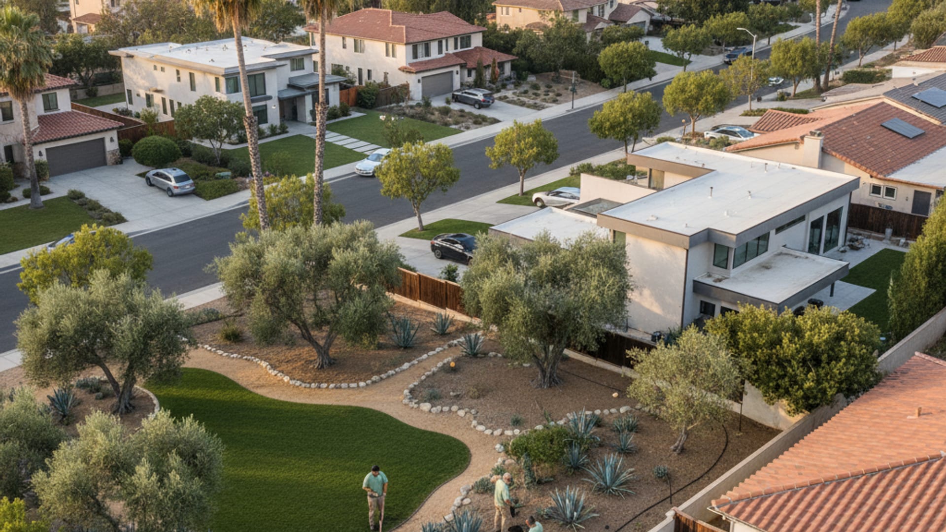 Aerial view of a San Diego County residential neighborhood with green lawns, drought-tolerant yards, and mature trees at golden hour
