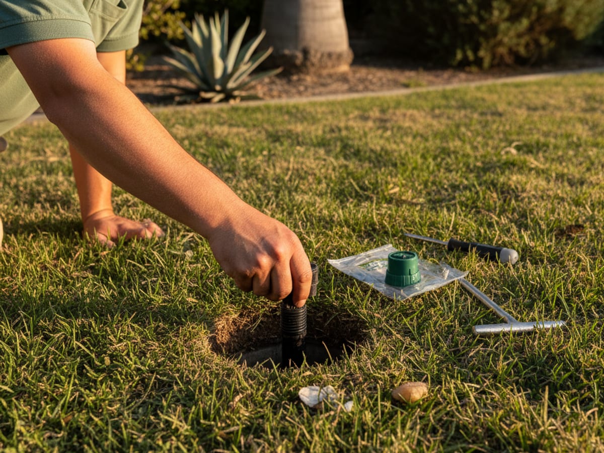 A hand replacing a broken pop-up sprinkler head with a new brass fitting in a residential lawn