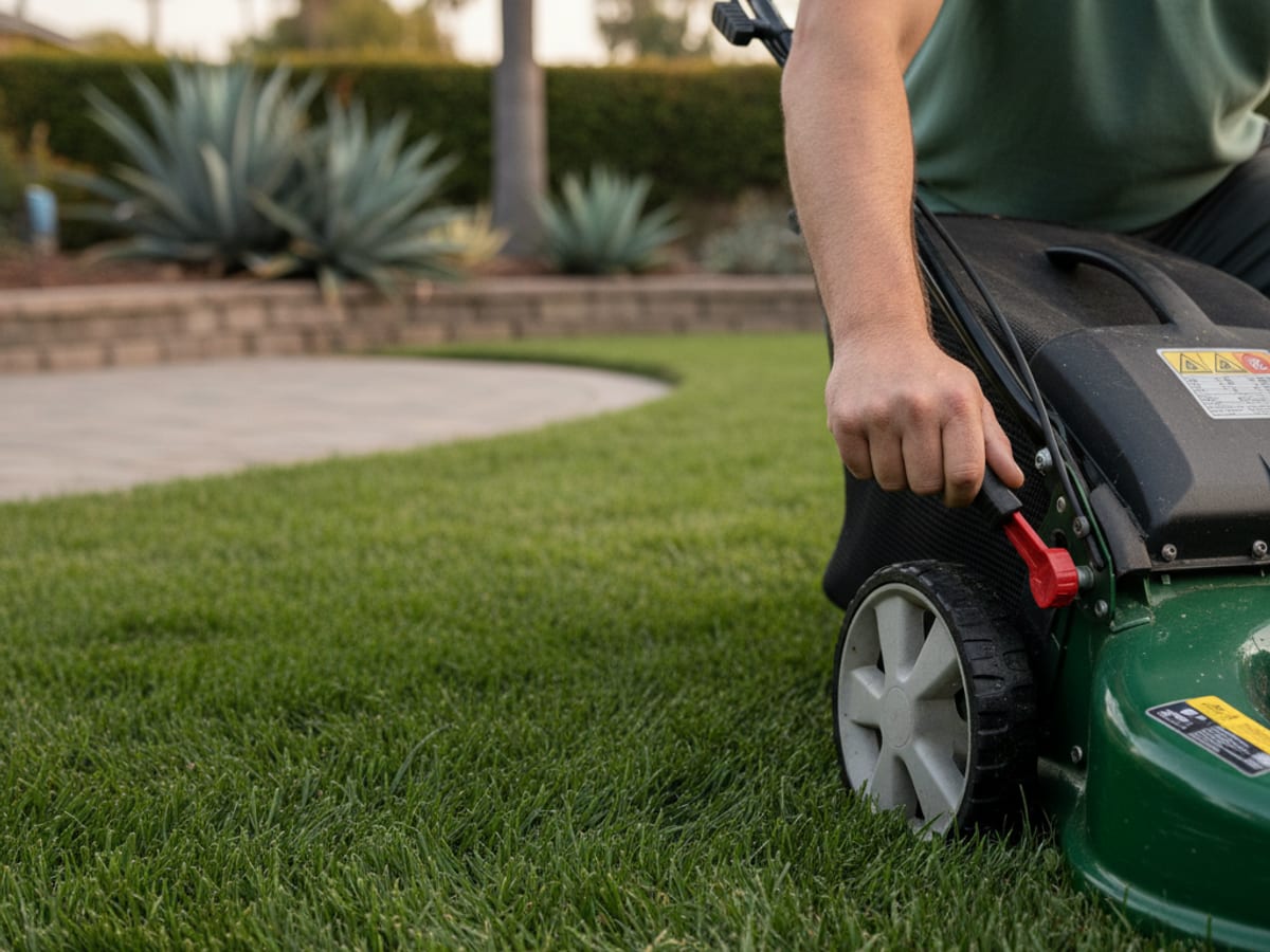 A person adjusting the cutting deck height lever on a residential walk-behind lawn mower