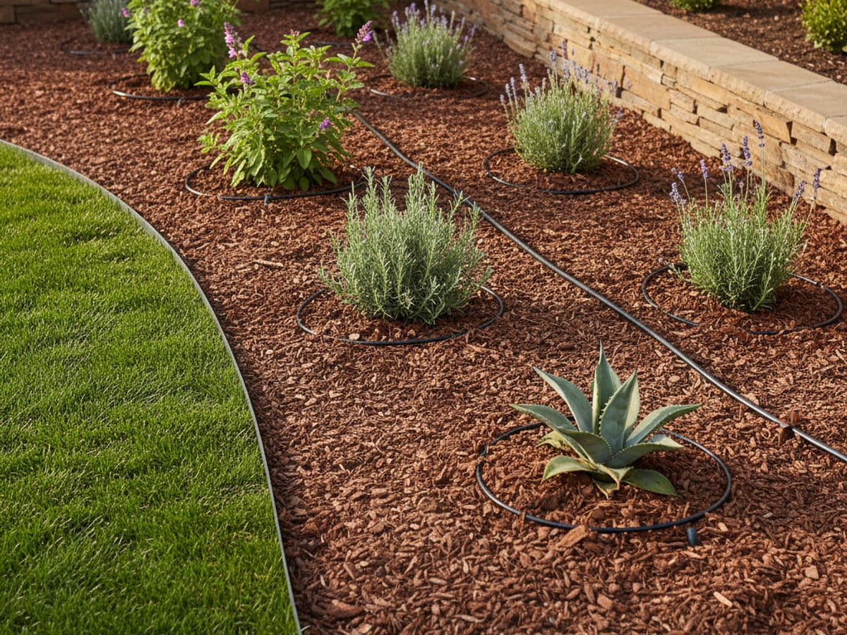 A landscaper spreading fresh shredded bark mulch around plants in a well-edged garden bed