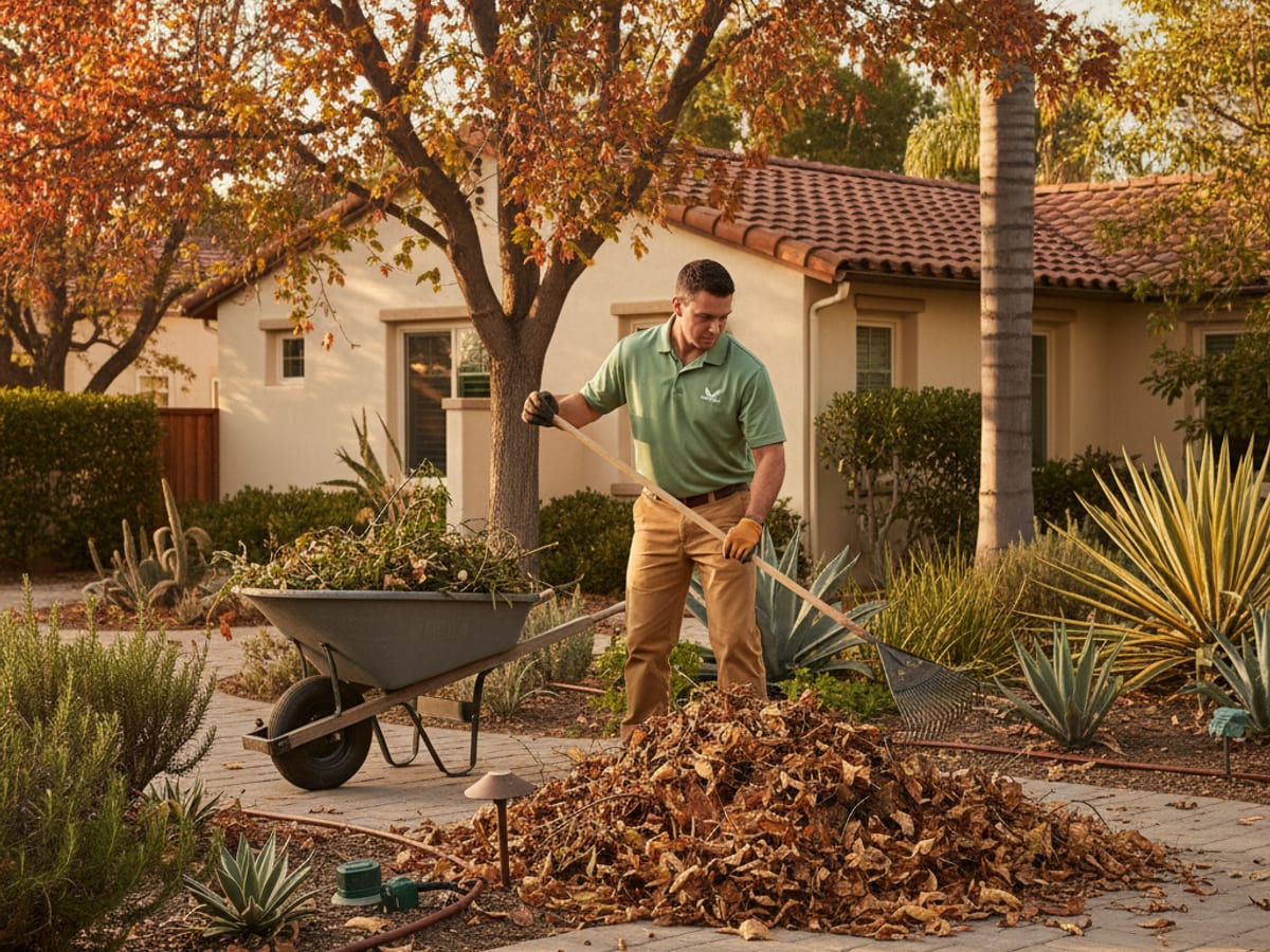 Landscaper pruning a shrub during a cleanup visit with a pile of trimmings and a rake